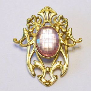 Ornate Matte Gold Tone Pink Faceted Acrylic Rhinestone Brooch